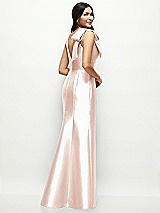 Rear View Thumbnail - Blush Deep V-back Satin Trumpet Dress with Cascading Bow at One Shoulder