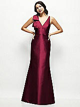 Front View Thumbnail - Cabernet Deep V-back Satin Trumpet Dress with Cascading Bow at One Shoulder