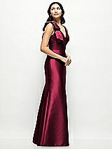 Side View Thumbnail - Cabernet Deep V-back Satin Trumpet Dress with Cascading Bow at One Shoulder