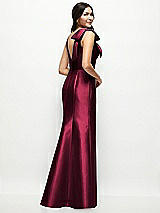 Rear View Thumbnail - Cabernet Deep V-back Satin Trumpet Dress with Cascading Bow at One Shoulder