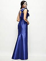 Rear View Thumbnail - Cobalt Blue Deep V-back Satin Trumpet Dress with Cascading Bow at One Shoulder