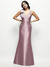 Front View Thumbnail - Dusty Rose Deep V-back Satin Trumpet Dress with Cascading Bow at One Shoulder