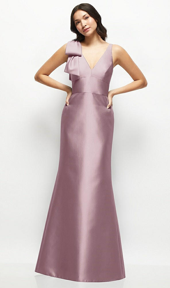 Front View - Dusty Rose Deep V-back Satin Trumpet Dress with Cascading Bow at One Shoulder