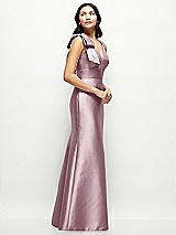 Side View Thumbnail - Dusty Rose Deep V-back Satin Trumpet Dress with Cascading Bow at One Shoulder