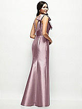 Rear View Thumbnail - Dusty Rose Deep V-back Satin Trumpet Dress with Cascading Bow at One Shoulder