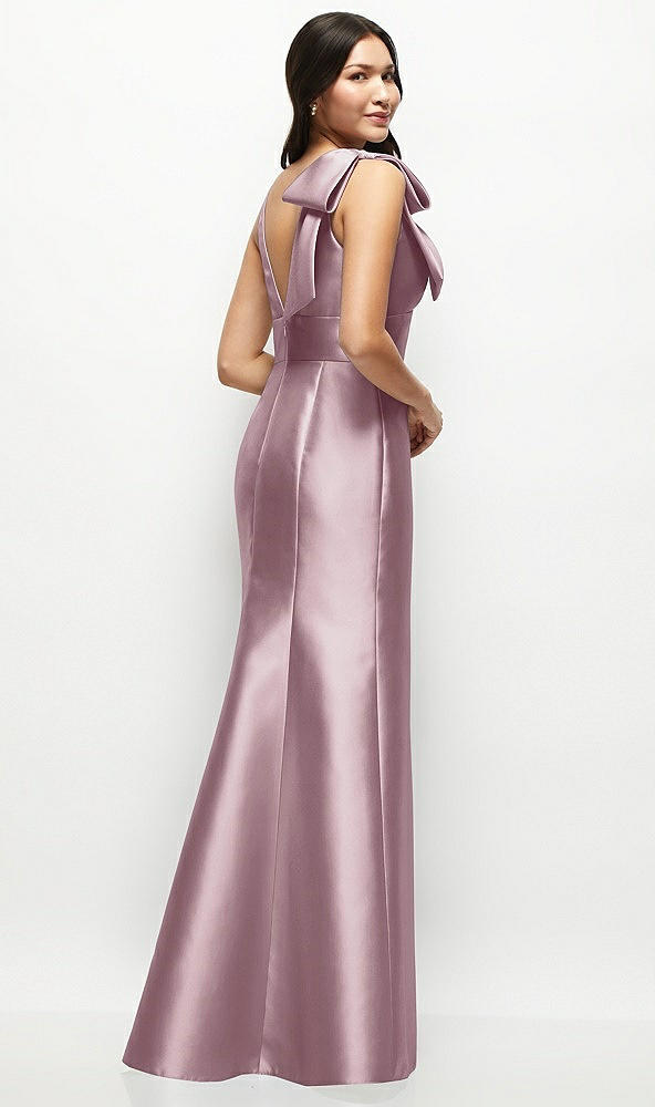 Back View - Dusty Rose Deep V-back Satin Trumpet Dress with Cascading Bow at One Shoulder