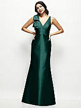 Front View Thumbnail - Evergreen Deep V-back Satin Trumpet Dress with Cascading Bow at One Shoulder