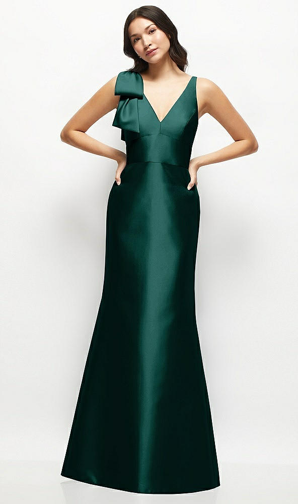Front View - Evergreen Deep V-back Satin Trumpet Dress with Cascading Bow at One Shoulder