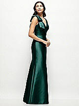 Side View Thumbnail - Evergreen Deep V-back Satin Trumpet Dress with Cascading Bow at One Shoulder
