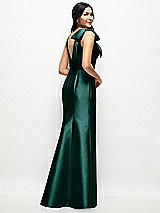 Rear View Thumbnail - Evergreen Deep V-back Satin Trumpet Dress with Cascading Bow at One Shoulder
