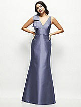 Front View Thumbnail - French Blue Deep V-back Satin Trumpet Dress with Cascading Bow at One Shoulder