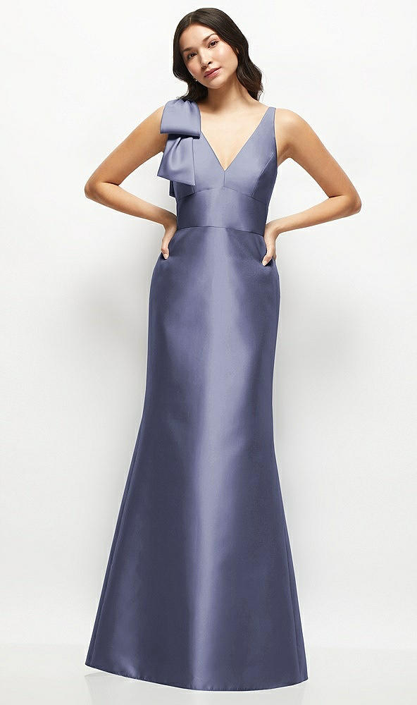 Front View - French Blue Deep V-back Satin Trumpet Dress with Cascading Bow at One Shoulder