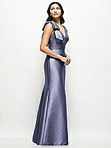 Side View Thumbnail - French Blue Deep V-back Satin Trumpet Dress with Cascading Bow at One Shoulder