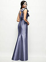 Rear View Thumbnail - French Blue Deep V-back Satin Trumpet Dress with Cascading Bow at One Shoulder