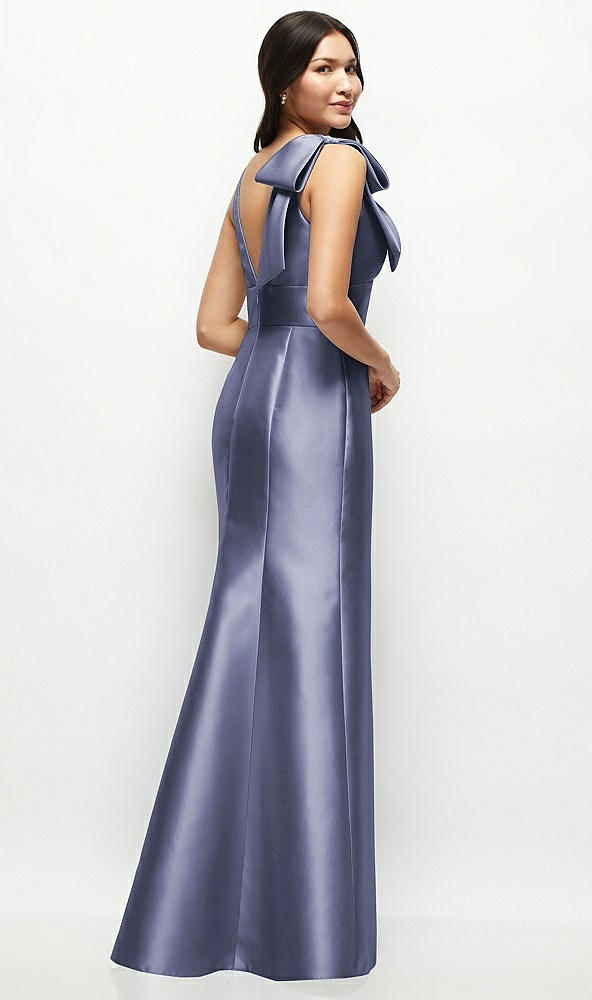 Back View - French Blue Deep V-back Satin Trumpet Dress with Cascading Bow at One Shoulder