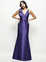 Front View Thumbnail - Grape Deep V-back Satin Trumpet Dress with Cascading Bow at One Shoulder