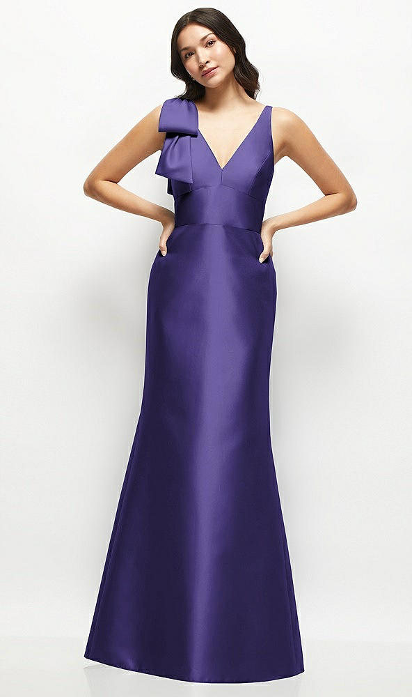 Front View - Grape Deep V-back Satin Trumpet Dress with Cascading Bow at One Shoulder