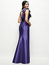 Rear View Thumbnail - Grape Deep V-back Satin Trumpet Dress with Cascading Bow at One Shoulder