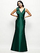 Front View Thumbnail - Hunter Green Deep V-back Satin Trumpet Dress with Cascading Bow at One Shoulder