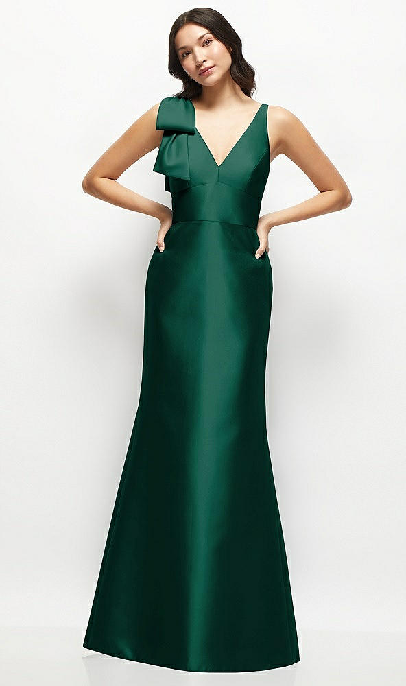 Front View - Hunter Green Deep V-back Satin Trumpet Dress with Cascading Bow at One Shoulder