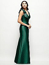 Side View Thumbnail - Hunter Green Deep V-back Satin Trumpet Dress with Cascading Bow at One Shoulder