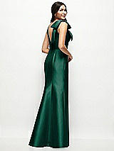 Rear View Thumbnail - Hunter Green Deep V-back Satin Trumpet Dress with Cascading Bow at One Shoulder