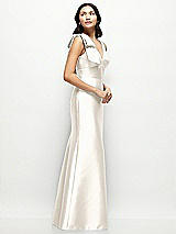 Side View Thumbnail - Ivory Deep V-back Satin Trumpet Dress with Cascading Bow at One Shoulder