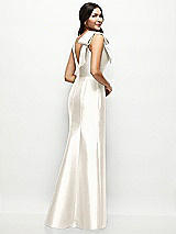 Rear View Thumbnail - Ivory Deep V-back Satin Trumpet Dress with Cascading Bow at One Shoulder