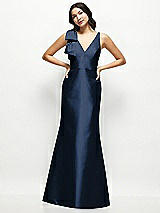 Front View Thumbnail - Midnight Navy Deep V-back Satin Trumpet Dress with Cascading Bow at One Shoulder