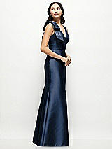 Side View Thumbnail - Midnight Navy Deep V-back Satin Trumpet Dress with Cascading Bow at One Shoulder
