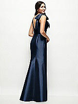 Rear View Thumbnail - Midnight Navy Deep V-back Satin Trumpet Dress with Cascading Bow at One Shoulder