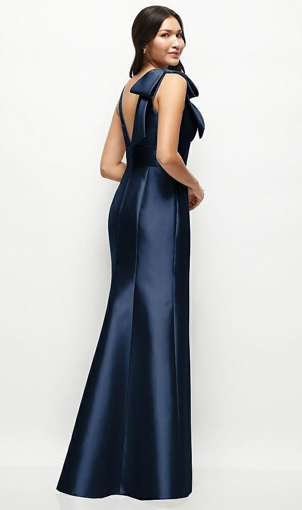 Back View - Midnight Navy Deep V-back Satin Trumpet Dress with Cascading Bow at One Shoulder