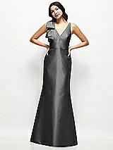 Front View Thumbnail - Pewter Deep V-back Satin Trumpet Dress with Cascading Bow at One Shoulder