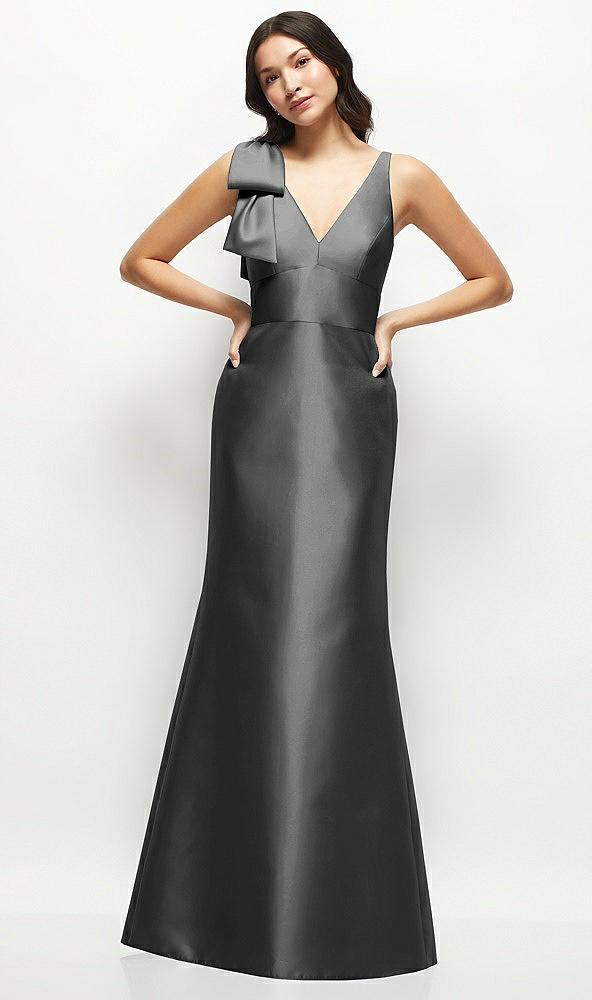 Front View - Pewter Deep V-back Satin Trumpet Dress with Cascading Bow at One Shoulder