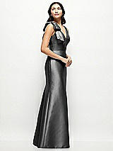 Side View Thumbnail - Pewter Deep V-back Satin Trumpet Dress with Cascading Bow at One Shoulder
