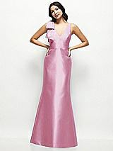 Front View Thumbnail - Powder Pink Deep V-back Satin Trumpet Dress with Cascading Bow at One Shoulder