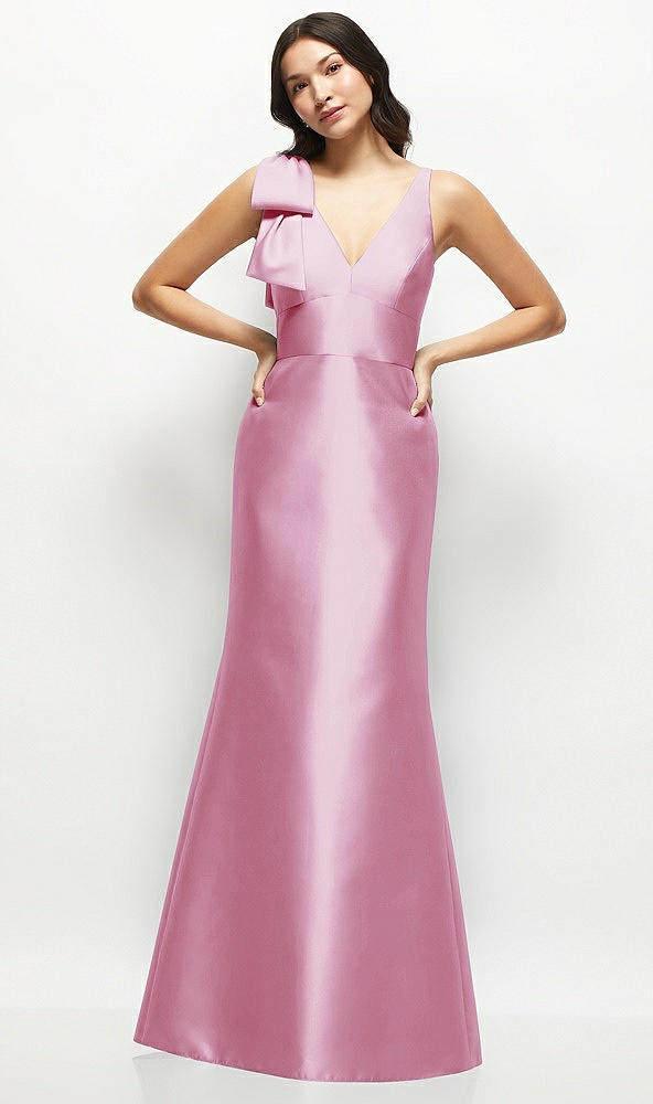 Front View - Powder Pink Deep V-back Satin Trumpet Dress with Cascading Bow at One Shoulder