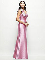 Side View Thumbnail - Powder Pink Deep V-back Satin Trumpet Dress with Cascading Bow at One Shoulder