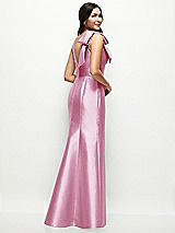 Rear View Thumbnail - Powder Pink Deep V-back Satin Trumpet Dress with Cascading Bow at One Shoulder