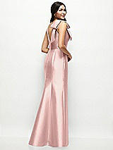 Rear View Thumbnail - Rose - PANTONE Rose Quartz Deep V-back Satin Trumpet Dress with Cascading Bow at One Shoulder
