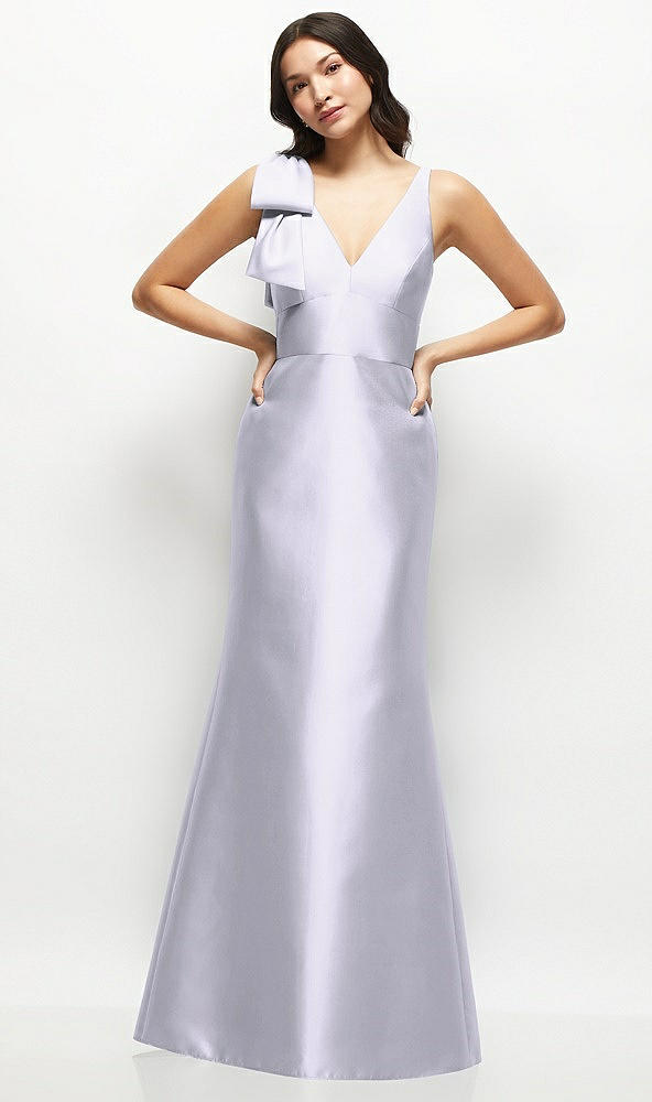 Front View - Silver Dove Deep V-back Satin Trumpet Dress with Cascading Bow at One Shoulder