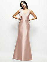 Front View Thumbnail - Toasted Sugar Deep V-back Satin Trumpet Dress with Cascading Bow at One Shoulder