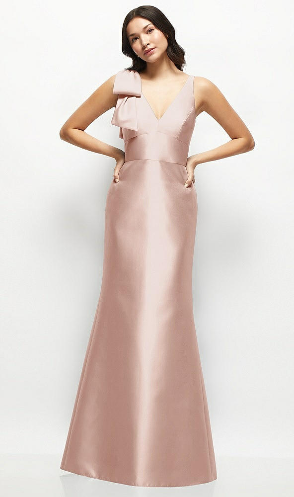 Front View - Toasted Sugar Deep V-back Satin Trumpet Dress with Cascading Bow at One Shoulder