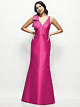 Front View Thumbnail - Think Pink Deep V-back Satin Trumpet Dress with Cascading Bow at One Shoulder