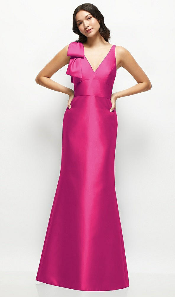 Front View - Think Pink Deep V-back Satin Trumpet Dress with Cascading Bow at One Shoulder