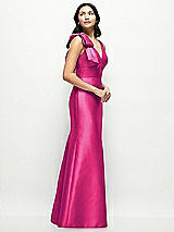 Side View Thumbnail - Think Pink Deep V-back Satin Trumpet Dress with Cascading Bow at One Shoulder
