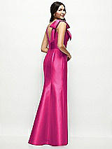 Rear View Thumbnail - Think Pink Deep V-back Satin Trumpet Dress with Cascading Bow at One Shoulder