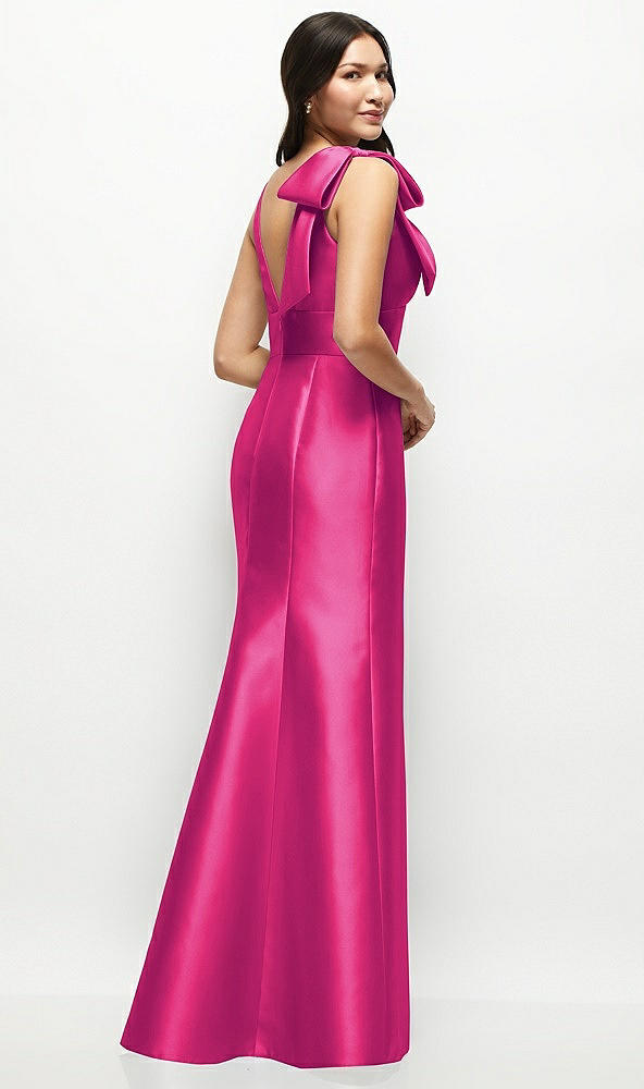 Back View - Think Pink Deep V-back Satin Trumpet Dress with Cascading Bow at One Shoulder