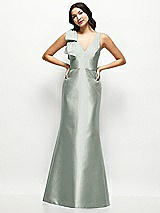 Front View Thumbnail - Willow Green Deep V-back Satin Trumpet Dress with Cascading Bow at One Shoulder