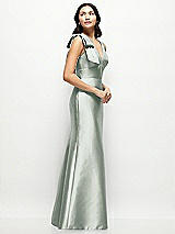 Side View Thumbnail - Willow Green Deep V-back Satin Trumpet Dress with Cascading Bow at One Shoulder